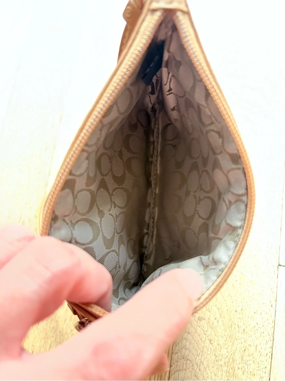Coach Pebbled Leather Wristlet in Light Tan